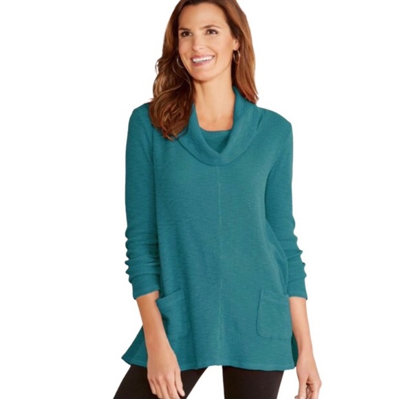 Soft Surroundings Tops - Soft Surroundings Drapey Cowl Neck Tati Tunic Long Sleeve Pockets Peacock Teal